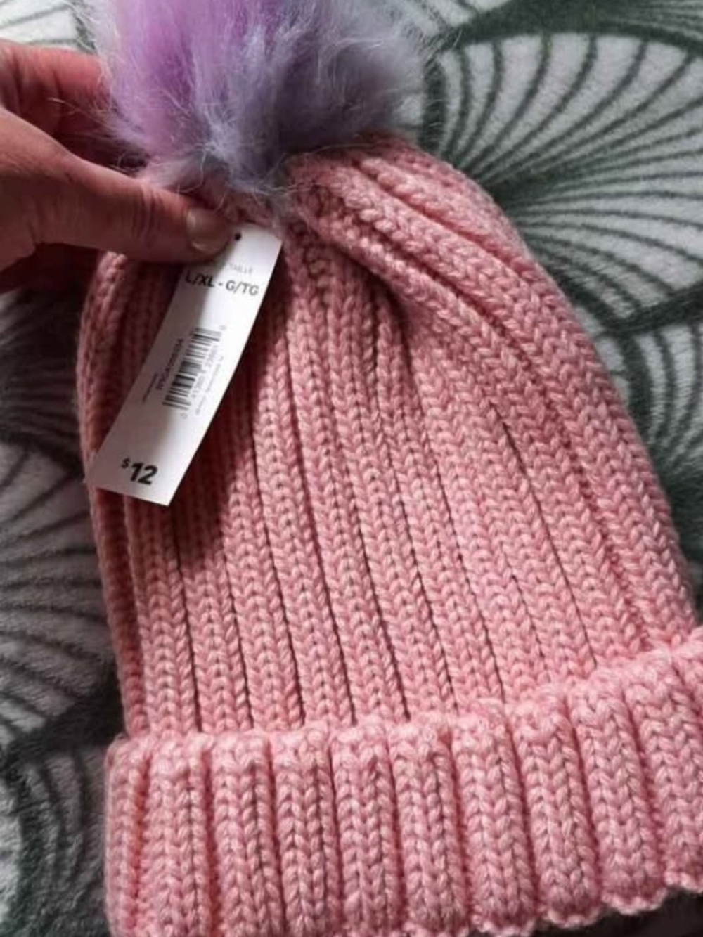 Joe Fresh Pink Knit Beanie with Lavender Faux Fur Pom